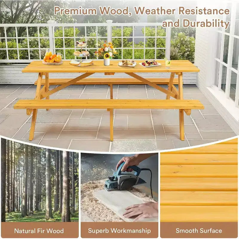Zevemomo 8 Person Wood Picnic Table, Rectangle Tabletop with Umbrella Hole, 2 Built-in Long Benches, 2220LBS Total Capacity for Backyard, Light Wood