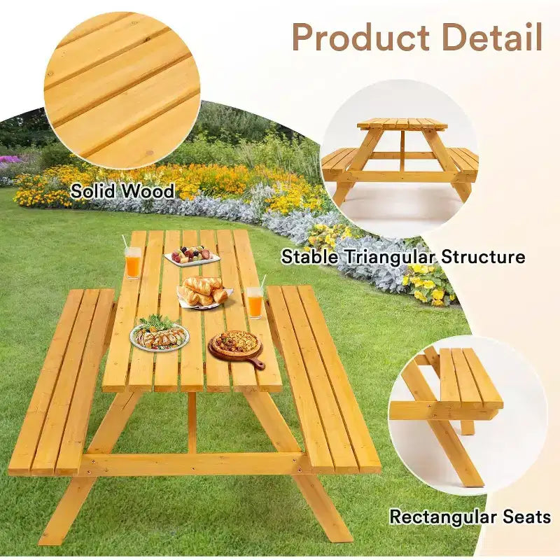 Zevemomo 8 Person Wood Picnic Table, Rectangle Tabletop with Umbrella Hole, 2 Built-in Long Benches, 2220LBS Total Capacity for Backyard, Light Wood