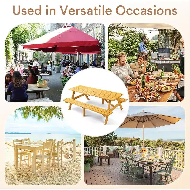 Zevemomo 8 Person Wood Picnic Table, Rectangle Tabletop with Umbrella Hole, 2 Built-in Long Benches, 2220LBS Total Capacity for Backyard, Light Wood