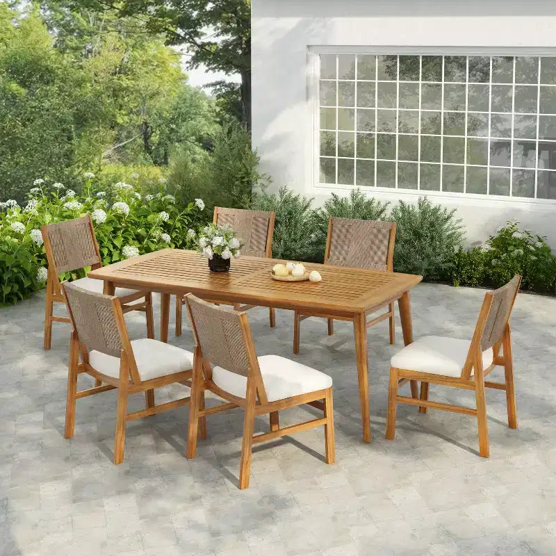 Christopher Knight Home Lucinda 7 Piece Patio Rustic Acacia Wood Dining Set with Wicker Woven Chair