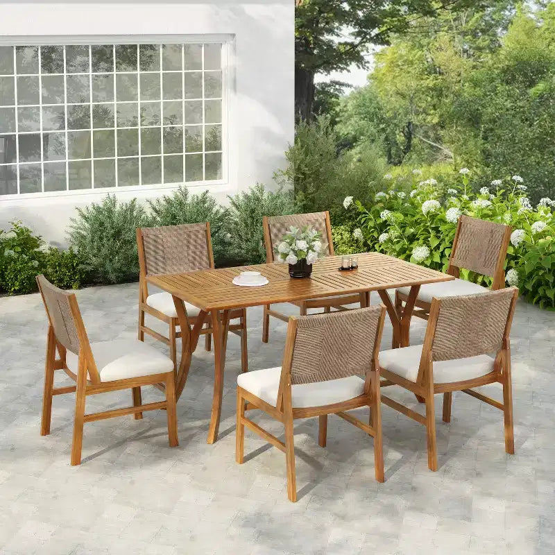 Christopher Knight Home Maurice 7 Piece Patio Rustic Acacia Wood Dining Set with Wicker Woven Chair
