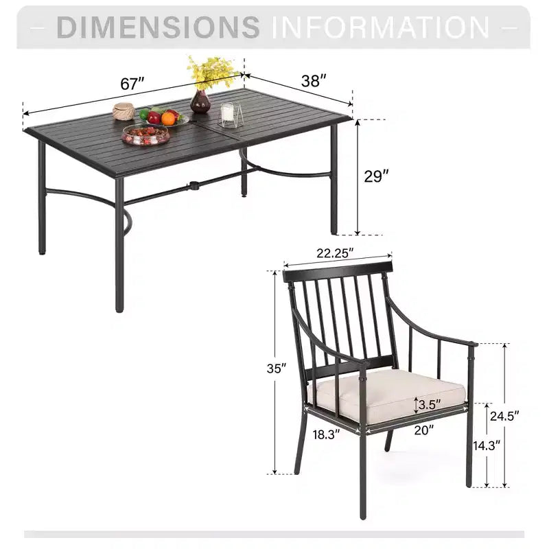 Captiva Designs 7pc Patio Slatted Top Steel Dining Table with Umbrella Hole & Stylish Cushioned Metal Chairs