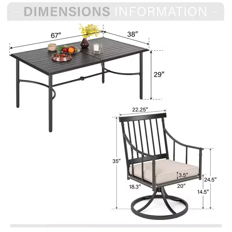 Captiva Designs 7pc Patio Slatted Top Steel Dining Table with Umbrella Hole & Stylish Cushioned Metal Chairs