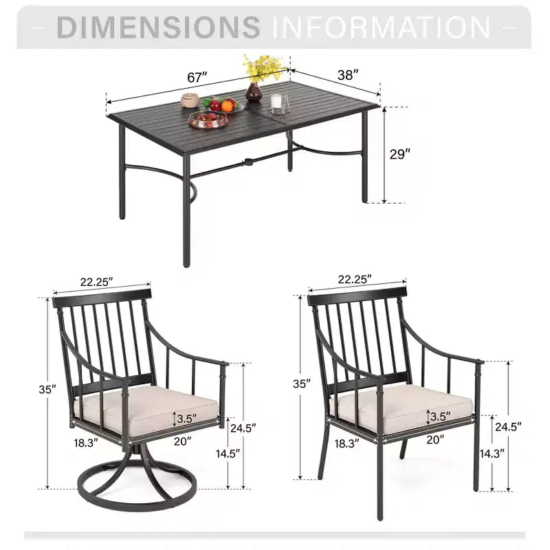 Captiva Designs 7pc Patio Slatted Top Steel Dining Table with Umbrella Hole & Stylish Cushioned Metal Chairs