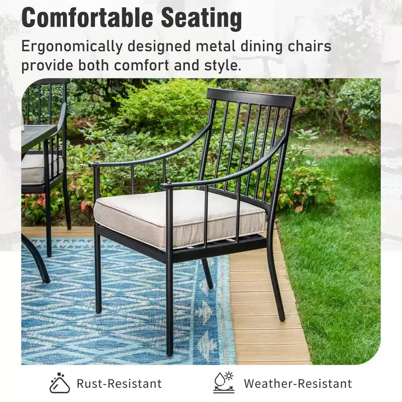Captiva Designs 7pc Patio Slatted Top Steel Dining Table with Umbrella Hole & Stylish Cushioned Metal Chairs