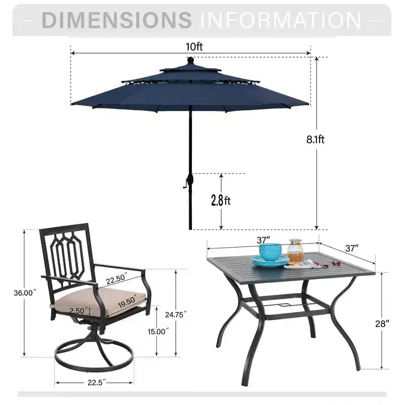 Captiva Designs 6pc Outdoor Patio Steel Dining Table & Swivel Metal Chairs & Market Umbrella