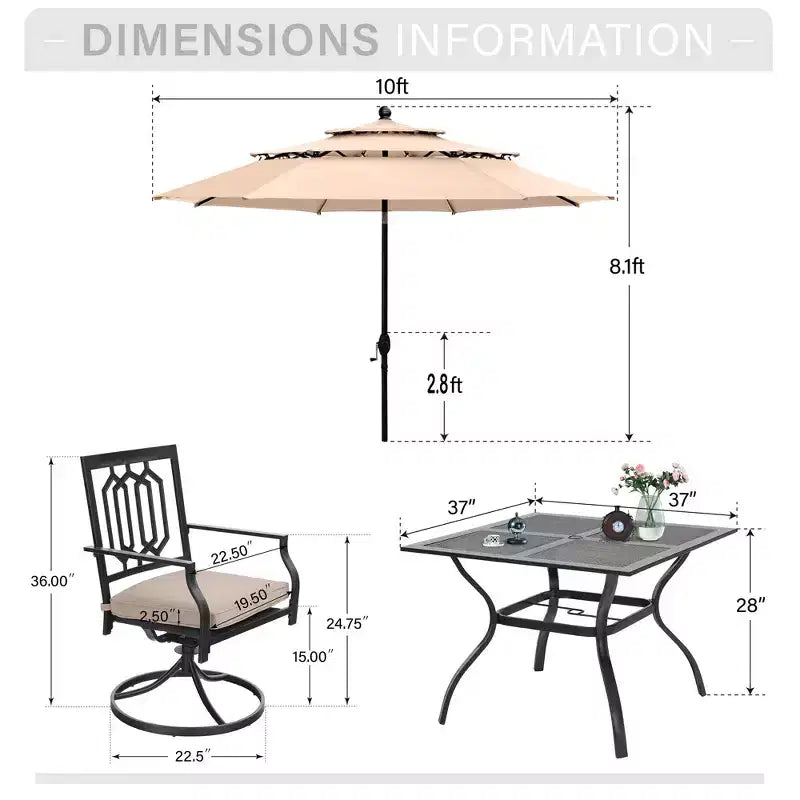 Captiva Designs 6pc Outdoor Patio Steel Dining Table & Swivel Metal Chairs & Market Umbrella