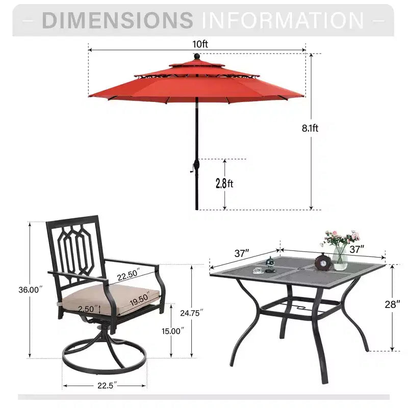 Captiva Designs 6pc Outdoor Patio Steel Dining Table & Swivel Metal Chairs & Market Umbrella
