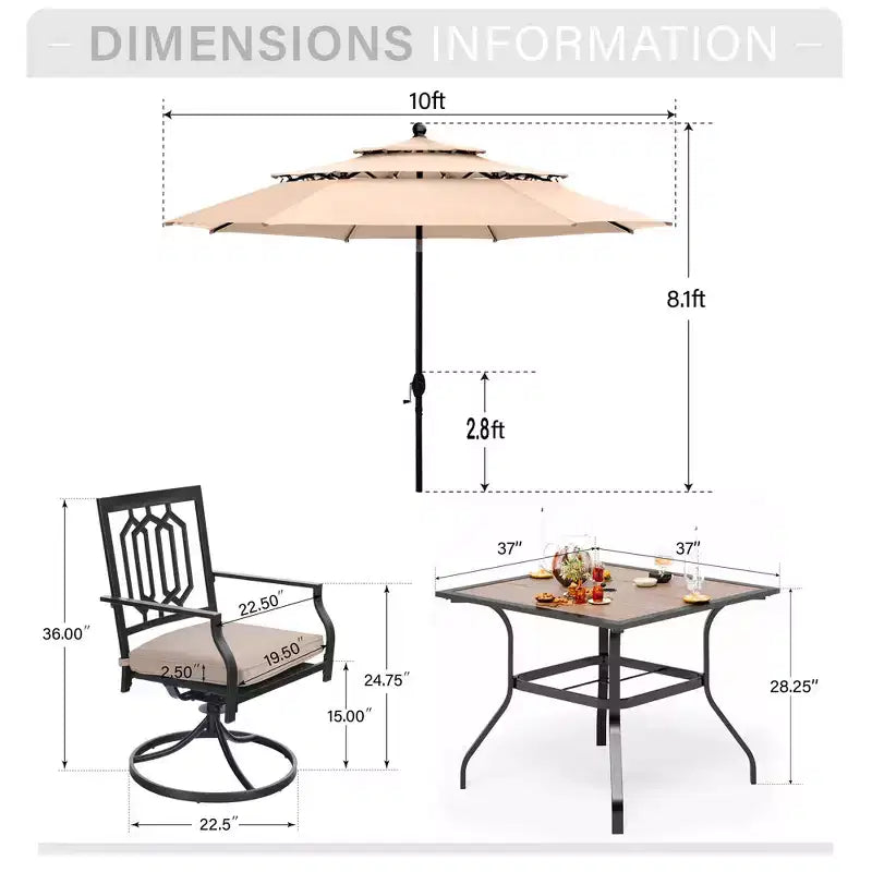 Captiva Designs 6pc Outdoor Patio Steel Dining Table & Swivel Metal Chairs & Market Umbrella