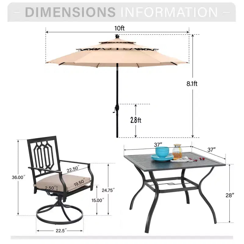 Captiva Designs 6pc Outdoor Patio Steel Dining Table & Swivel Metal Chairs & Market Umbrella