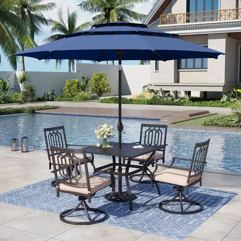 Captiva Designs 6pc Outdoor Patio Steel Dining Table & Swivel Metal Chairs & Market Umbrella