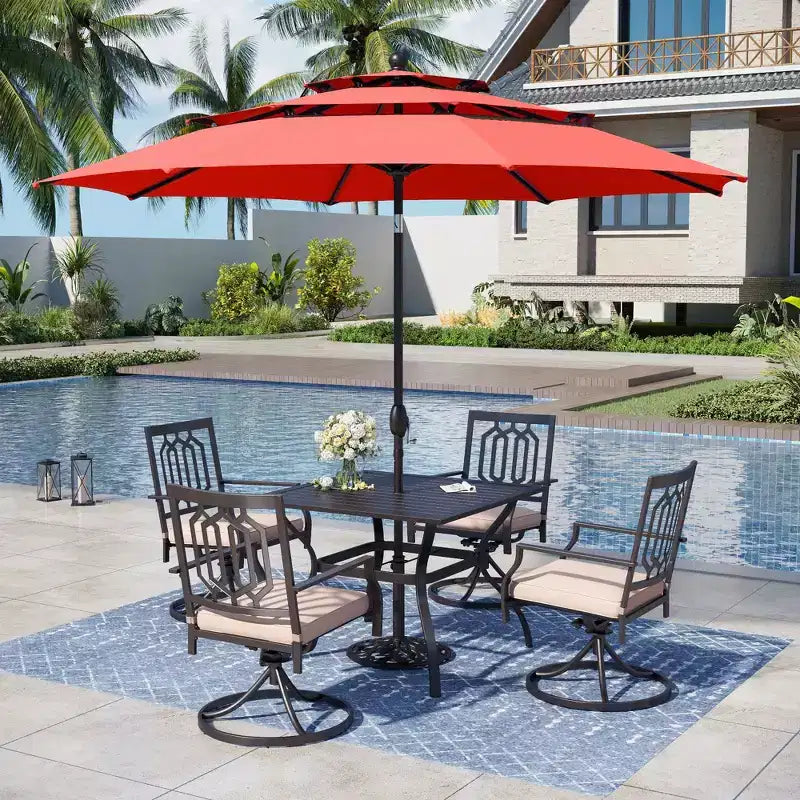 Captiva Designs 6pc Outdoor Patio Steel Dining Table & Swivel Metal Chairs & Market Umbrella