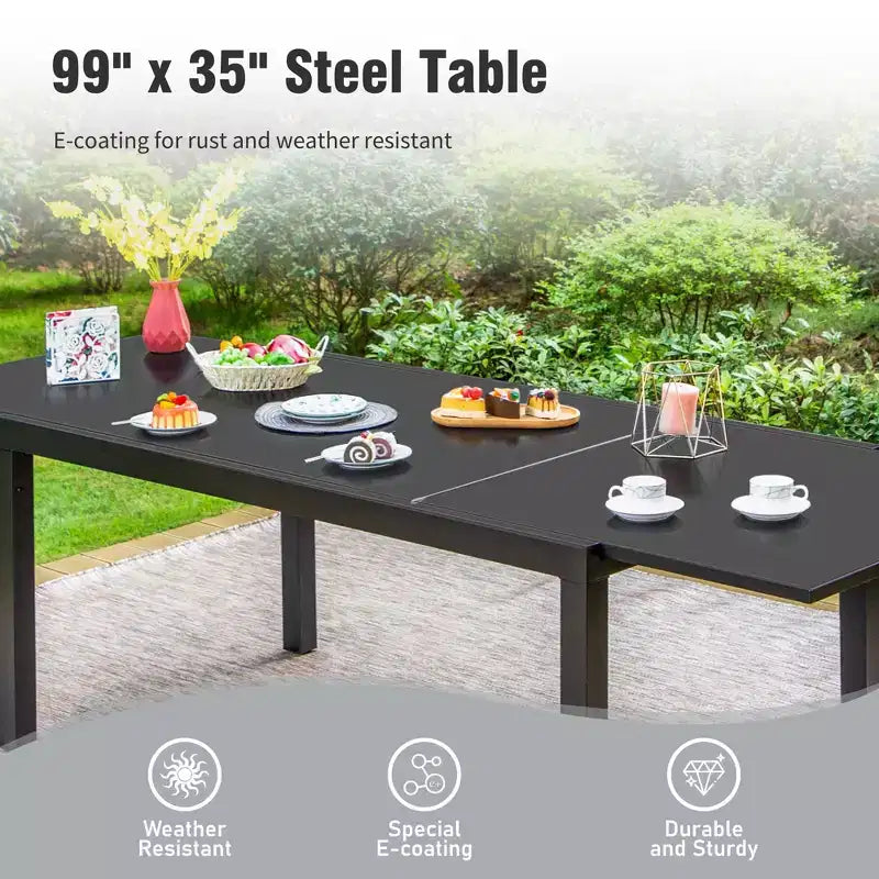 Captiva Designs Ensemble de 9 pièces pour salle à manger d'extérieur : table extensible en acier et chaises en rotin avec accoudoirs en croissant