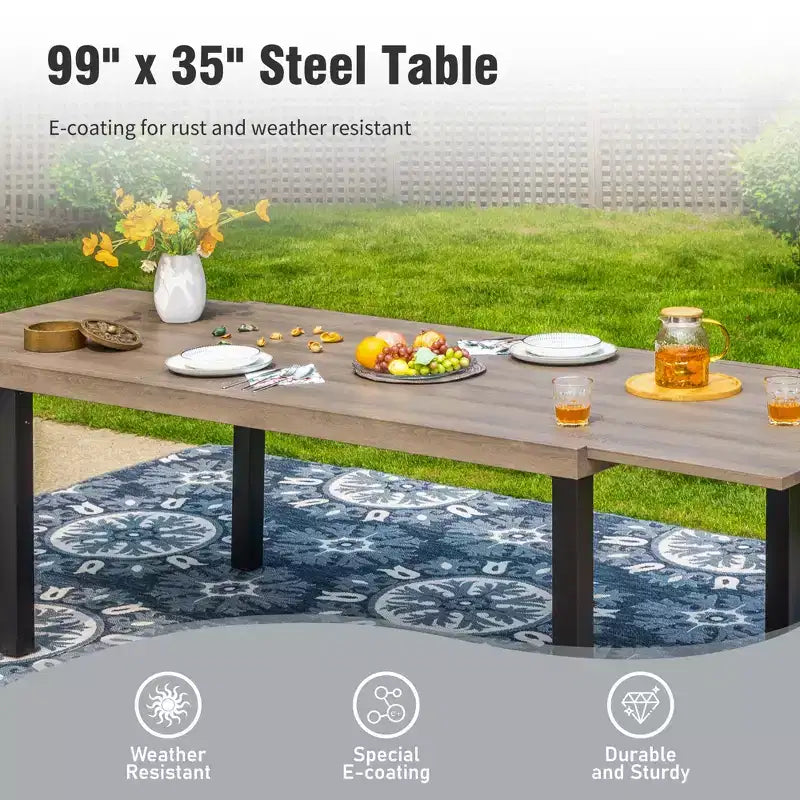 Captiva Designs Ensemble de 9 pièces pour salle à manger d'extérieur : table extensible en acier et chaises en rotin avec accoudoirs en croissant