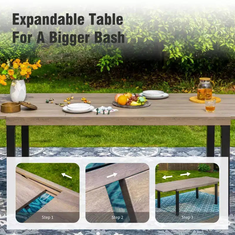 Captiva Designs Ensemble de 9 pièces pour salle à manger d'extérieur : table extensible en acier et chaises en rotin avec accoudoirs en croissant