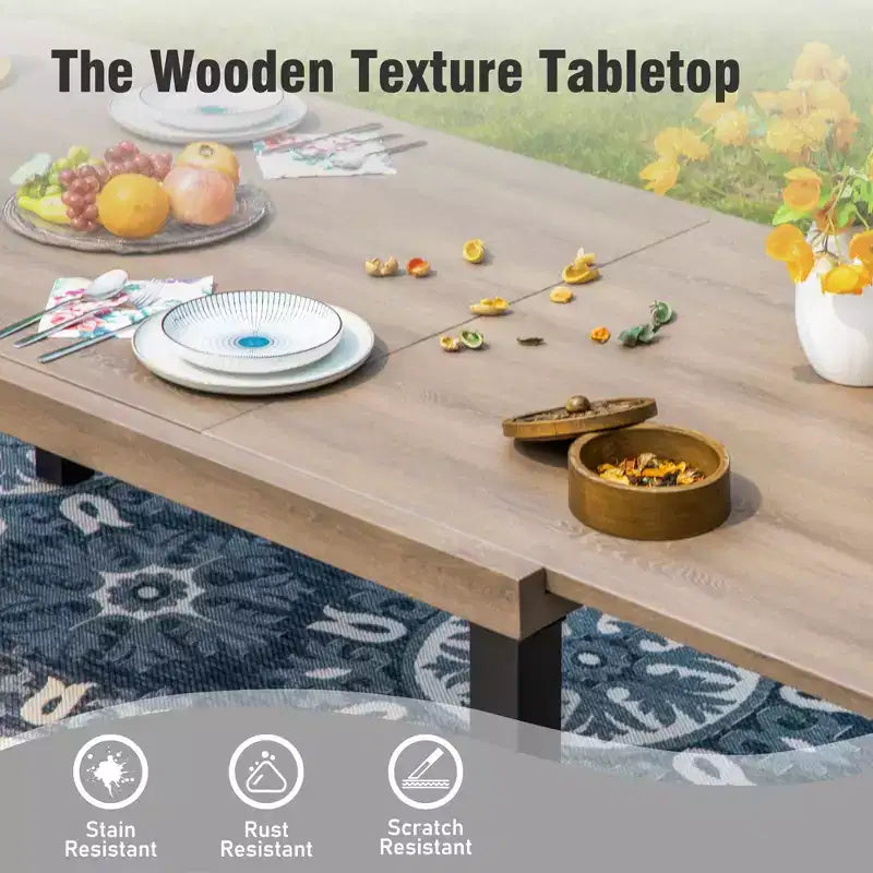 Captiva Designs Ensemble de 9 pièces pour salle à manger d'extérieur : table extensible en acier et chaises en rotin avec accoudoirs en croissant