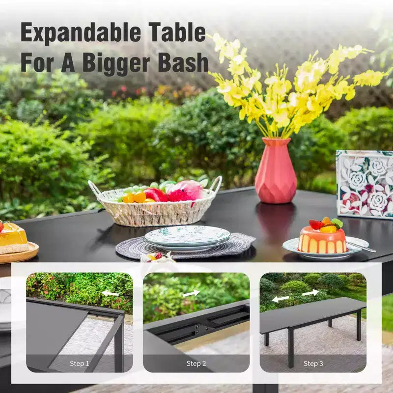 Captiva Designs Ensemble de 9 pièces pour salle à manger d'extérieur : table extensible en acier et chaises en rotin avec accoudoirs en croissant