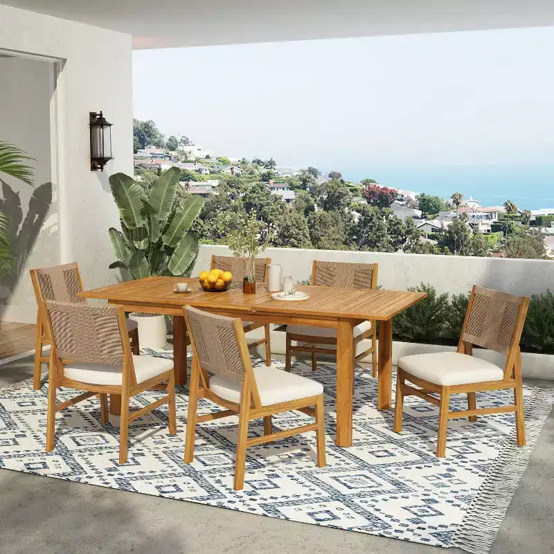 Christopher Knight Home Allison Outdoor Expandable Acacia Wood and Wicker Woven 7 Piece Dining Set with Cushions