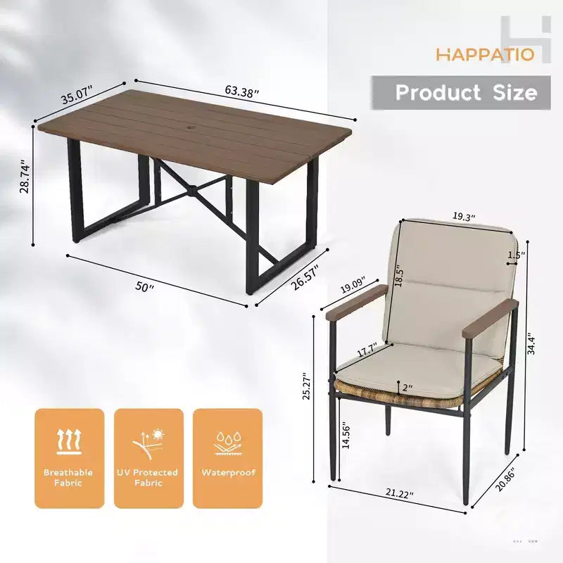 HAPPATIO 7 Piece Patio Dining Set Outdoor, 6 Wicker Chairs with Aluminum Frame and Olefin Cushions, Wooden Dining Table for Backyard Garden Porch