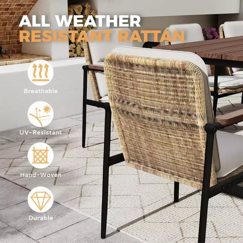 HAPPATIO 7 Piece Patio Dining Set Outdoor, 6 Wicker Chairs with Aluminum Frame and Olefin Cushions, Wooden Dining Table for Backyard Garden Porch