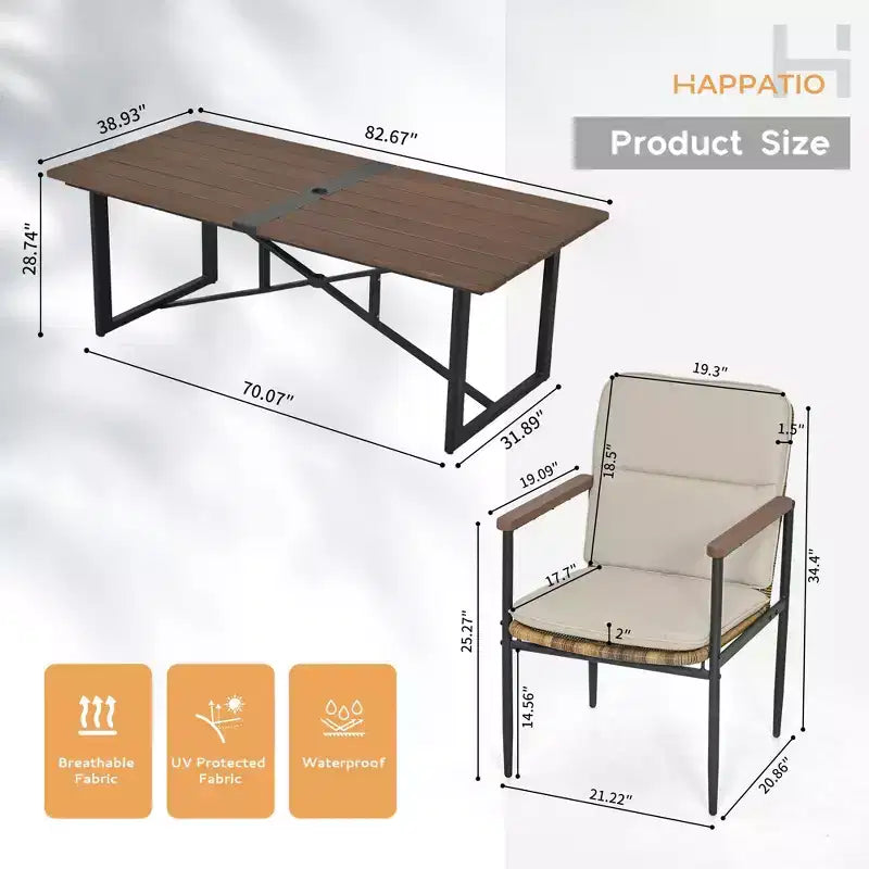 HAPPATIO Ensemble de salle à manger d'extérieur 9 pièces, 8 chaises en osier avec cadre en aluminium et coussins en oléfine, table à manger en bois avec trou pour parasol pour patio ou porche