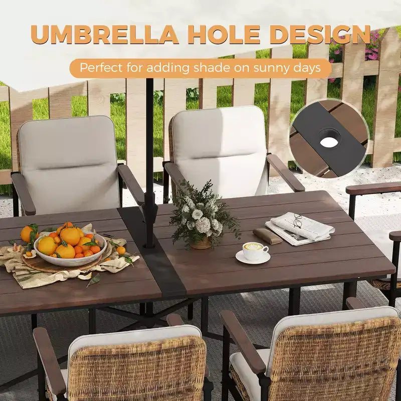 HAPPATIO Ensemble de salle à manger d'extérieur 9 pièces, 8 chaises en osier avec cadre en aluminium et coussins en oléfine, table à manger en bois avec trou pour parasol pour patio ou porche