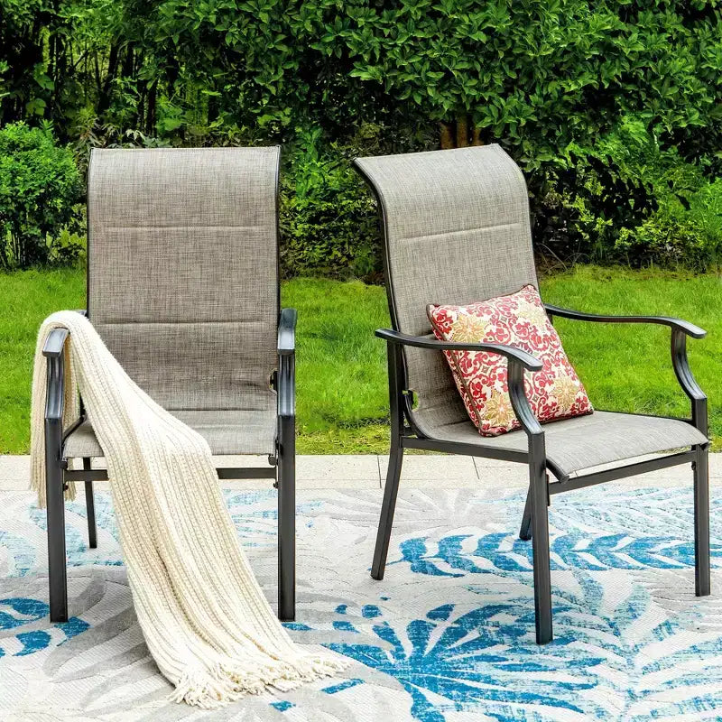 Captiva Designs 5pc Outdoor Patio Slat-top Black Round Dining Steel Table & Steel Frame Sling Chairs