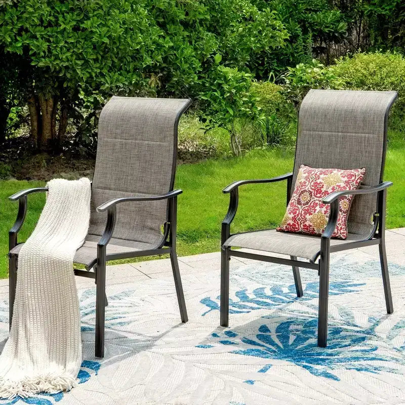 Captiva Designs 5pc Outdoor Patio Slat-top Black Round Dining Steel Table & Steel Frame Sling Chairs