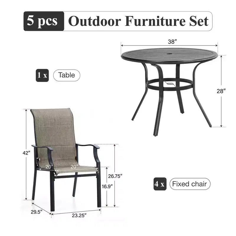 Captiva Designs 5pc Outdoor Patio Slat-top Black Round Dining Steel Table & Steel Frame Sling Chairs