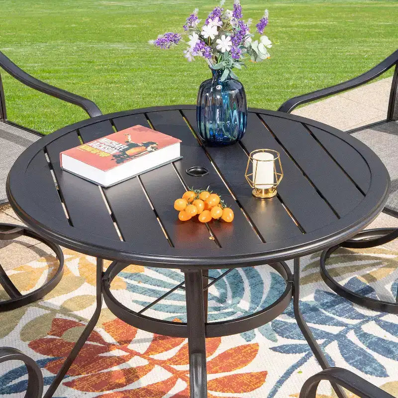 Captiva Designs 5pc Outdoor Patio Slat-top Black Round Dining Steel Table & Steel Frame Sling Chairs