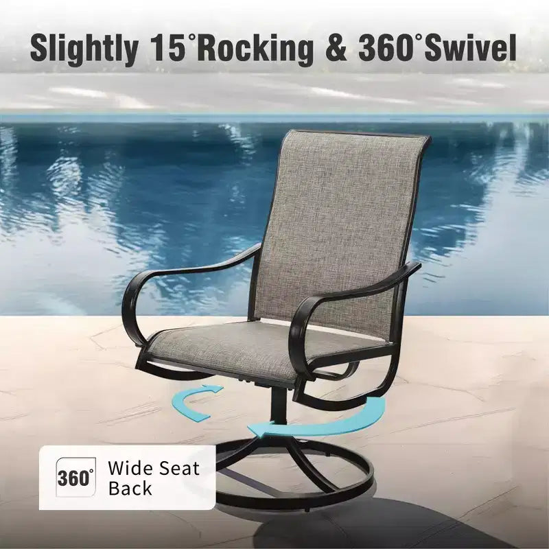 Captiva Designs 5pc Outdoor Patio Slat-top Black Round Dining Steel Table & Steel Frame Sling Chairs