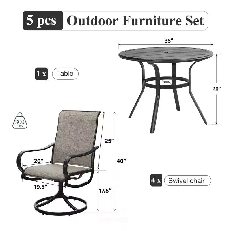 Captiva Designs 5pc Outdoor Patio Slat-top Black Round Dining Steel Table & Steel Frame Sling Chairs