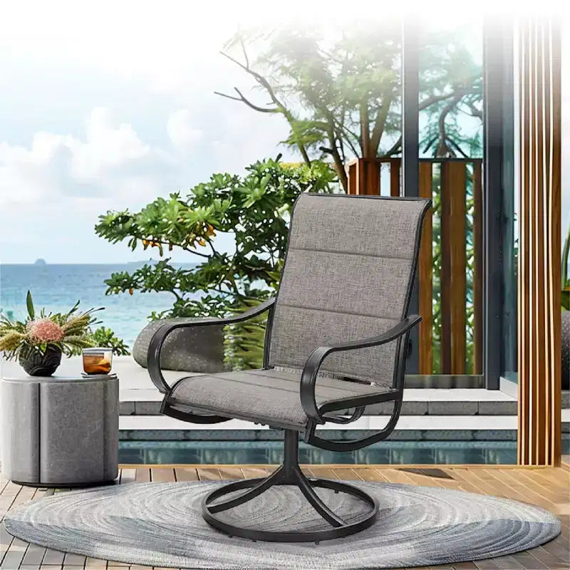 Captiva Designs 5pc Outdoor Patio Slat-top Black Round Dining Steel Table & Steel Frame Sling Chairs