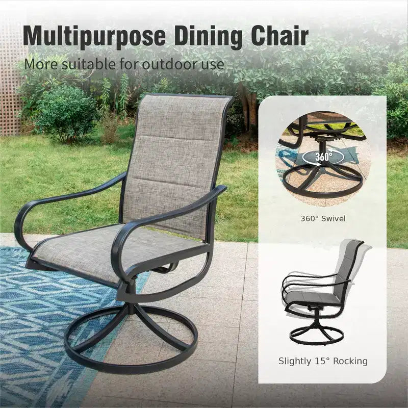 Captiva Designs 5pc Outdoor Patio Slat-top Black Round Dining Steel Table & Steel Frame Sling Chairs
