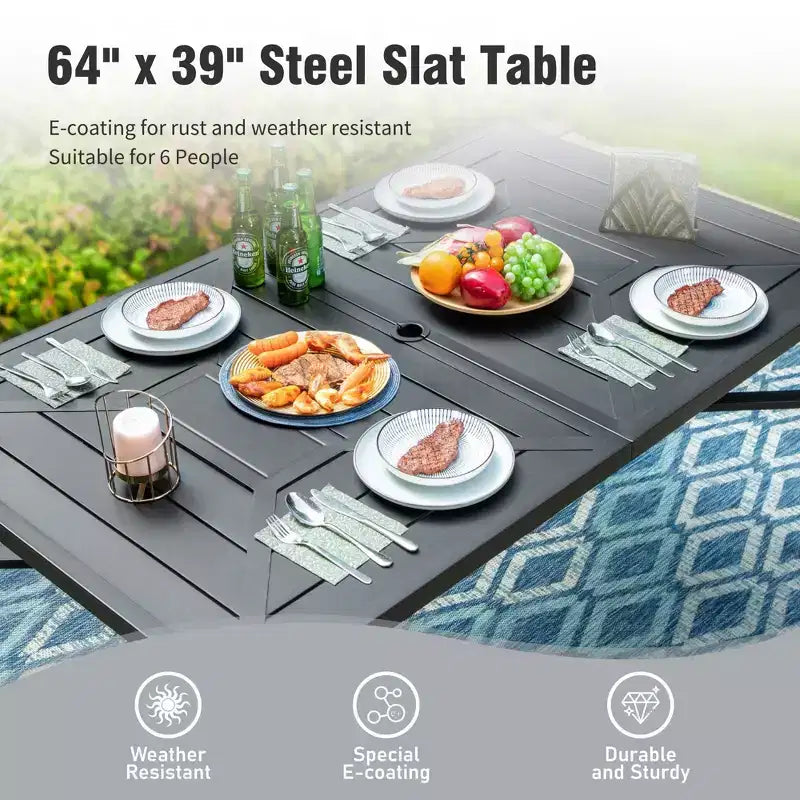 Captiva Designs 7pc Outdoor Patio Slat-top Dining Steel Table & Rattan Chairs with Removable Cushions