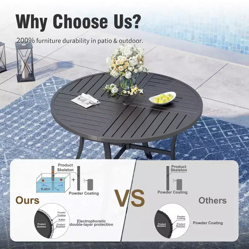 Captiva Designs 7pc Outdoor Patio Slat-top Dining Steel Table & Rattan Chairs with Removable Cushions