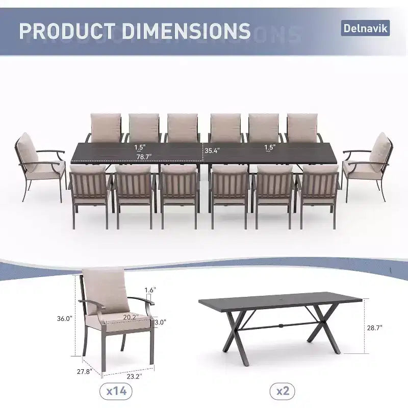 ALAULM 16 Piece Patio Dining Set Outdoor Furniture, Metal Patio Furniture Set 14 Fixed Chairs and 2 Large Tables with Umbrella for Garden