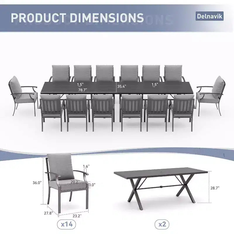 ALAULM 16 Piece Patio Dining Set Outdoor Furniture, Metal Patio Furniture Set 14 Fixed Chairs and 2 Large Tables with Umbrella for Garden