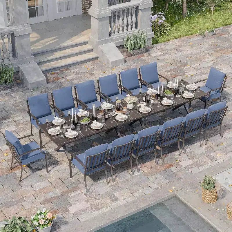 ALAULM 16 Piece Patio Dining Set Outdoor Furniture, Metal Patio Furniture Set 14 Fixed Chairs and 2 Large Tables with Umbrella for Garden