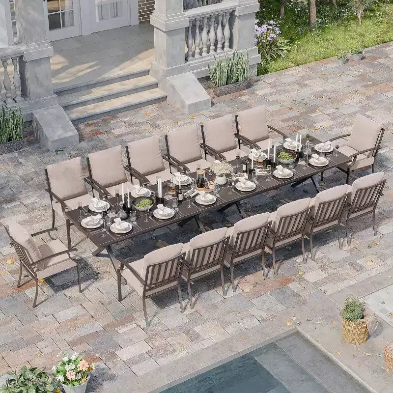 ALAULM 16 Piece Patio Dining Set Outdoor Furniture, Metal Patio Furniture Set 14 Fixed Chairs and 2 Large Tables with Umbrella for Garden