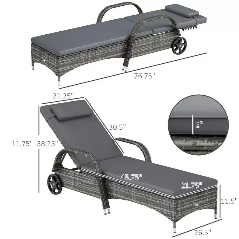 2 Reclining Chaise Lounge Chairs, Rolling Outdoor Chairs with Cushion, Pillow, Headrest, Armrests, and Wheels