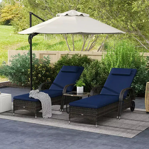 2 Reclining Chaise Lounge Chairs, Rolling Outdoor Chairs with Cushion, Pillow, Headrest, Armrests, and Wheels
