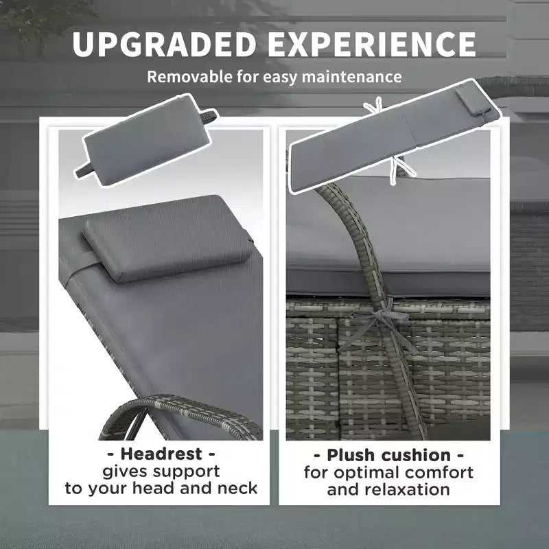 2 Reclining Chaise Lounge Chairs, Rolling Outdoor Chairs with Cushion, Pillow, Headrest, Armrests, and Wheels