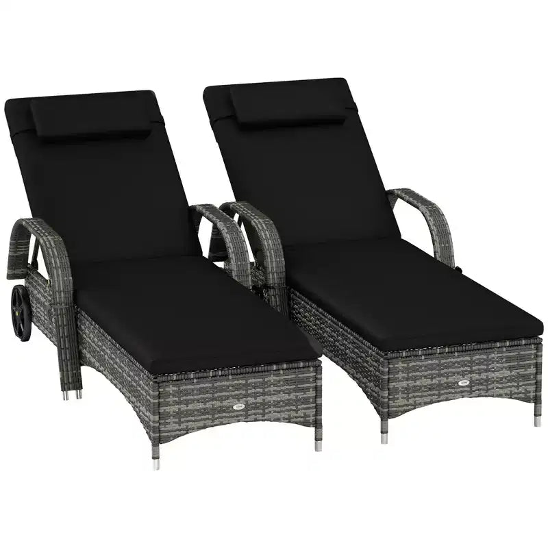 2 Reclining Chaise Lounge Chairs, Rolling Outdoor Chairs with Cushion, Pillow, Headrest, Armrests, and Wheels