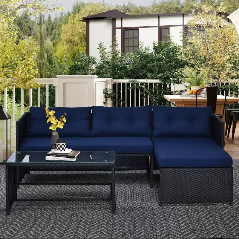 3 Piece Patio Furniture Set, Rattan Outdoor Sofa Set with Chaise Lounge & Loveseat, Soft Cushions, Tempered Glass Table, L-Shaped Sectional Couch