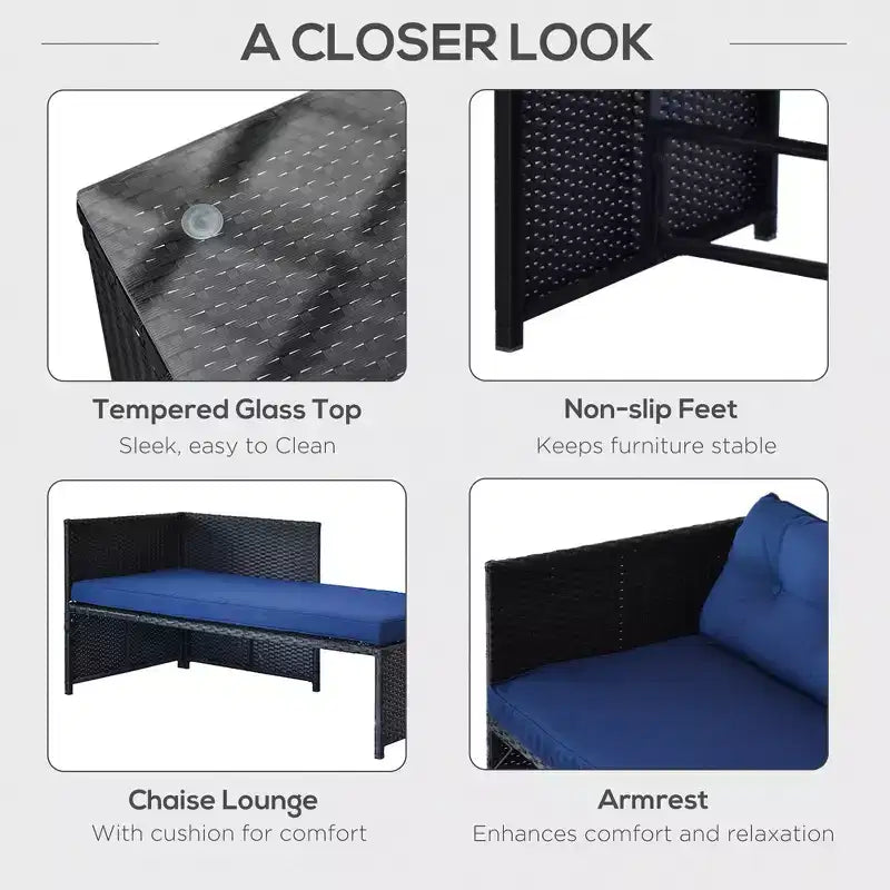 3 Piece Patio Furniture Set, Rattan Outdoor Sofa Set with Chaise Lounge & Loveseat, Soft Cushions, Tempered Glass Table, L-Shaped Sectional Couch