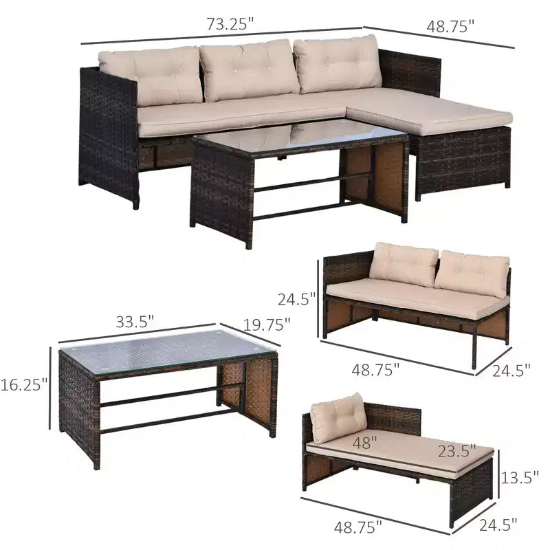 3 Piece Patio Furniture Set, Rattan Outdoor Sofa Set with Chaise Lounge & Loveseat, Soft Cushions, Tempered Glass Table, L-Shaped Sectional Couch
