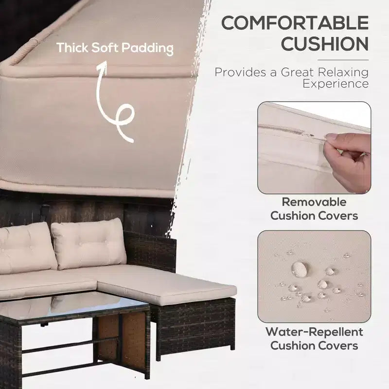 3 Piece Patio Furniture Set, Rattan Outdoor Sofa Set with Chaise Lounge & Loveseat, Soft Cushions, Tempered Glass Table, L-Shaped Sectional Couch