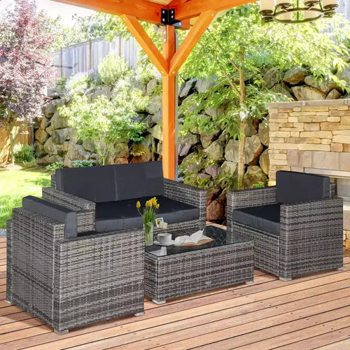 4 Piece Wicker Patio Furniture Set with Cushions, Outdoor Sectional Furniture with 2 Sofa, Loveseat, and Glass Top Coffee Table, Conversation Sofa Set