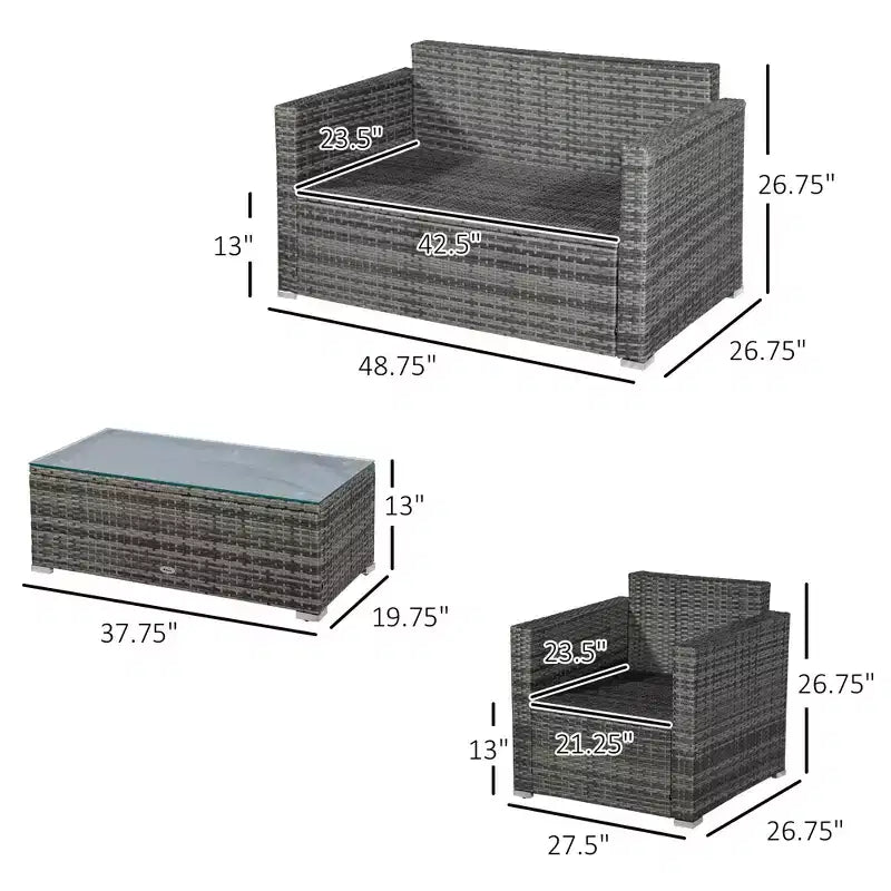 4 Piece Wicker Patio Furniture Set with Cushions, Outdoor Sectional Furniture with 2 Sofa, Loveseat, and Glass Top Coffee Table, Conversation Sofa Set